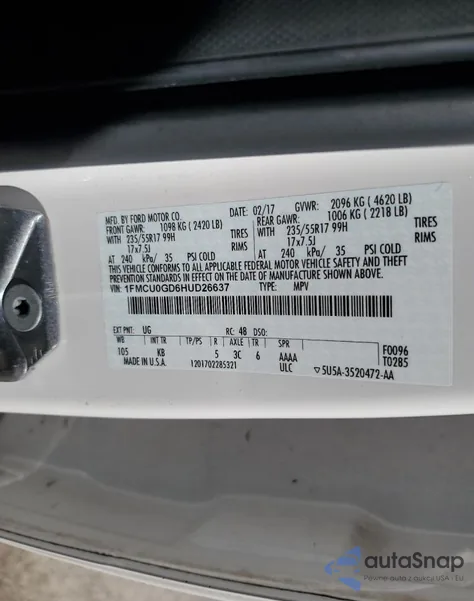 2017 Ford Escape Se from USA, damaged, VIN 1FMCU0GD6HUD26637